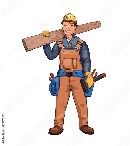 Happy carpenter, builder holding wooden plank. Vector character illustration, isolated on white background.