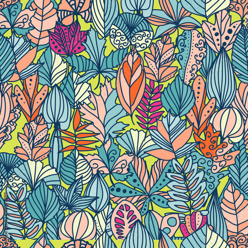 Fototapeta Naklejka Na Ścianę i Meble -  Exotic summer endless backgrounds, Abstract creative trendy colorful seamless pattern with tropic leaf seamless pattern. Hand drawn artistic texture. Pop-art.