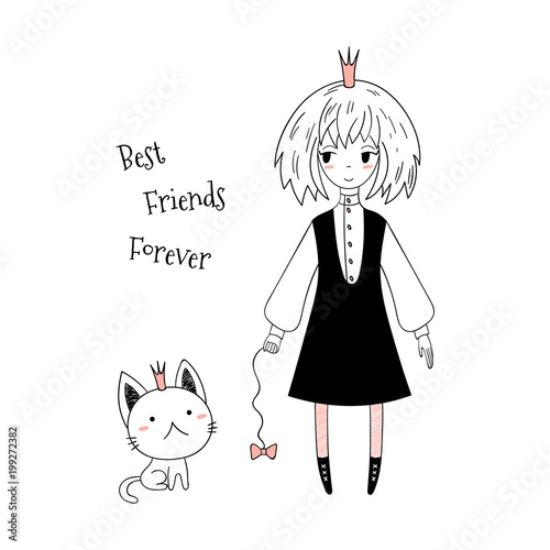 Hand drawn vector illustration of a cute little princess in a pinafore and a kitten, with text. Isolated objects on white background. Line drawing. Unfilled outline. Design concept for kids print.