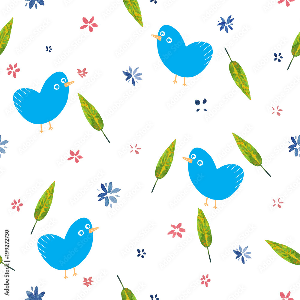watercolor cute flowers pattern and cartoon birds illustration seamless pattern