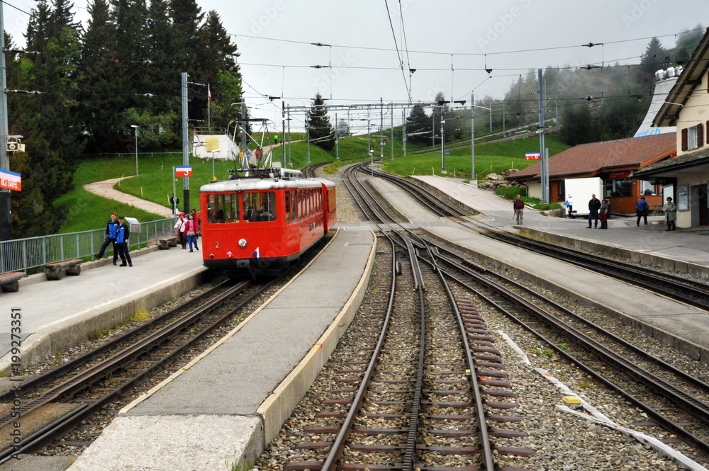 Obraz premium Lucerne, Switzerland - June 18, 2016: The Vitznau-Rigi Railway, Europe's first rack railway, operates between Vitznau, Rigi Kaltbad and Rigi Kulm.