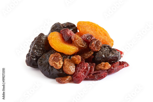 Mix of dried fruits (prunes, raisins, apricots and cranberries) isolated on white background
