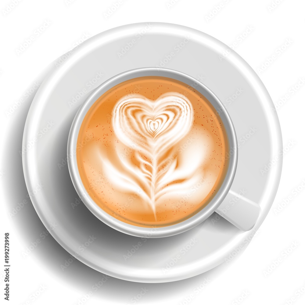 Coffee Art Vector. Top View. Hot Cappuccino Coffee Cup. Espresso. Fast Food Cup. White Mug. Isolated Illustration Coffee Art Vector. Top View. Hot Cappuccino Coffee Cup. Espresso. Fast Food Cup. White Mug. Isolated Illustration