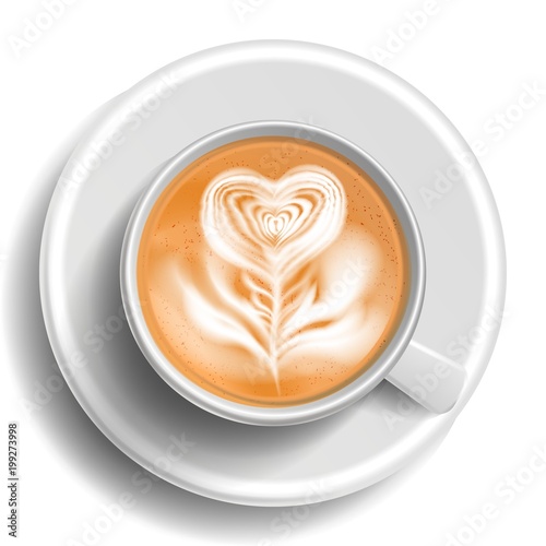 Coffee Art Vector. Top View. Hot Cappuccino Coffee Cup. Espresso. Fast Food Cup. White Mug. Isolated Illustration