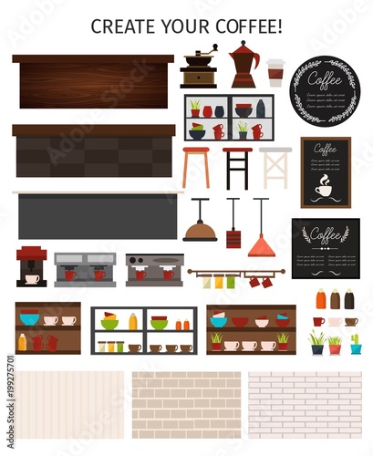 Flat Cafe Interior Elements Set