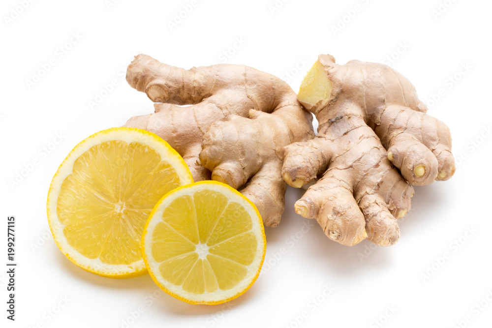 Ginger bio and lemon on white background. Ginger bio and lemon on white background.
