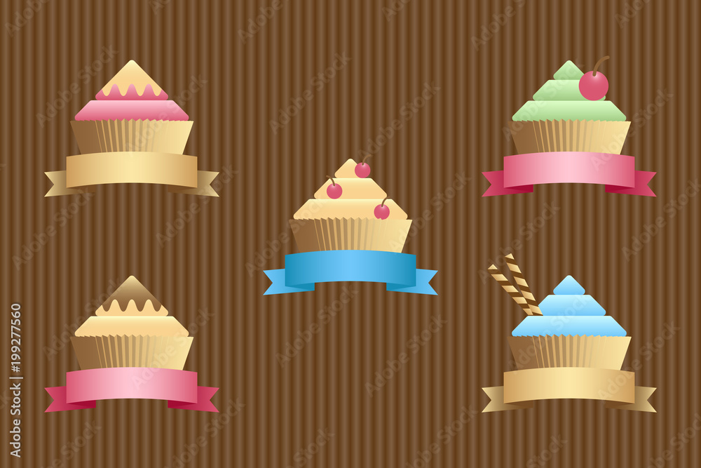 Cupcakes and muffins. Sweet dessert and ribbon banner
