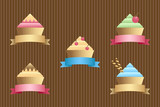 Cupcakes and muffins. Sweet dessert and ribbon banner