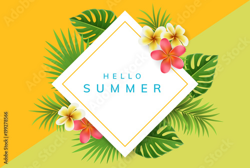Geometric square summer frame with exotic flowers and palm leaf. Vector illustration for summer and holiday design