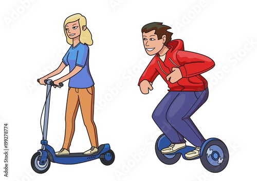 The urban electric vehicle, an electric scooter and gyroscooter. Man and woman characters. Vector illustration, isolated on white background.
