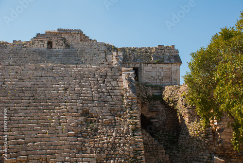 Stairs with steps. Ancient Mayan city. Destroyed buildings and pyramids. Chichen-Itza, Mexico. Yucatan photo