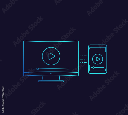 play video, screen mirroring with TV and smartphone vector linear icon