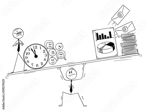Cartoon stick man drawing conceptual illustration of stressed businessman under pressure by coworkers, manager and work duties. Business concept of stress and overwork.
