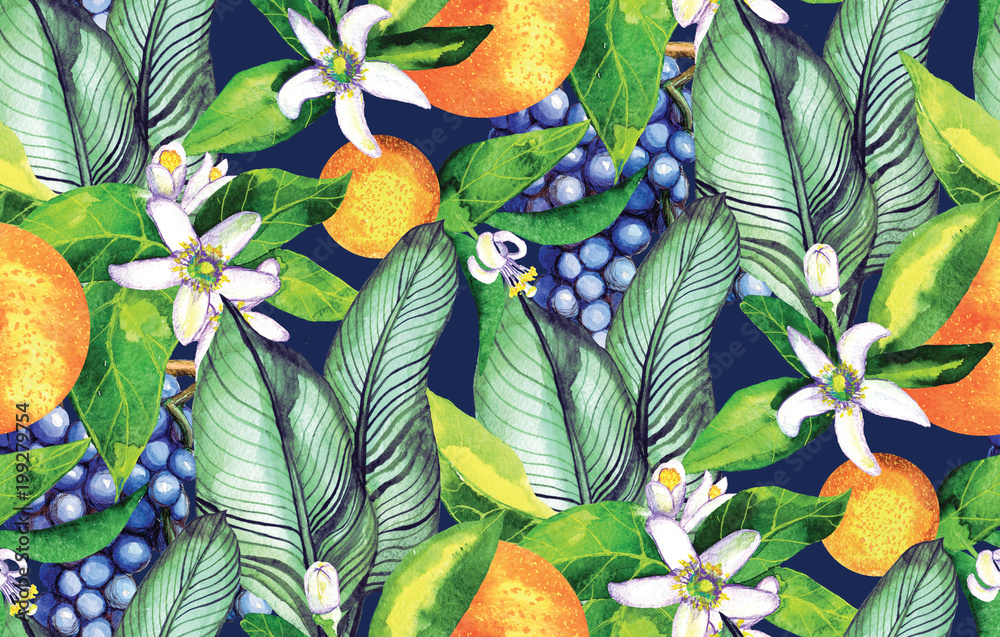 Fototapeta Neroli, orange, mandarin, orange flower, grapes. Seamless watercolor pattern