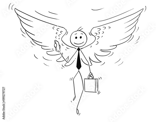 Cartoon stick man drawing conceptual illustration of businessman or investor with angel wings. Business concept of morality and ethics.