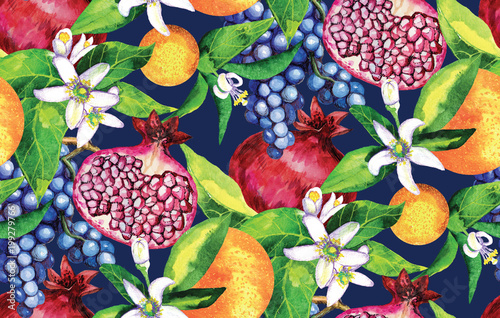 Fototapeta Naklejka Na Ścianę i Meble -  Neroli, orange, mandarin, orange flower, grapes. Seamless watercolor pattern