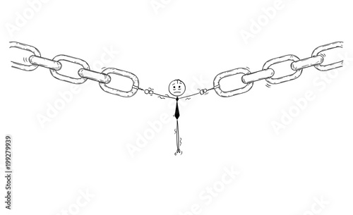 Cartoon stick man drawing conceptual illustration of businessman or user or employee as the weakest link or weak point of the chain. Business concept of network security or secret.