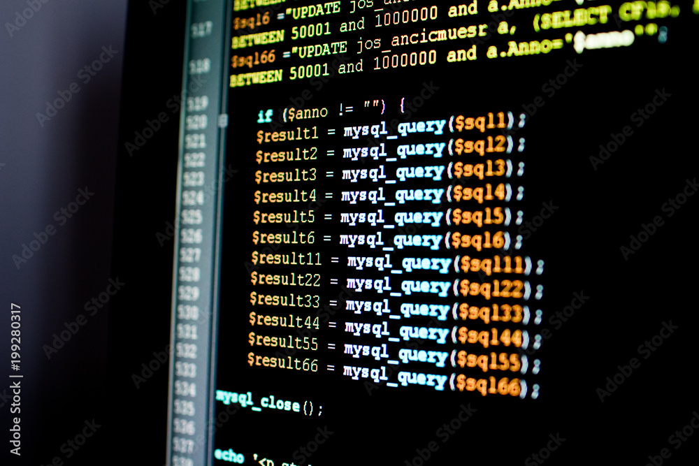 Fototapeta premium Set of mysql queries in a database management software. Querying and updating an SQL database, PHP script for updating