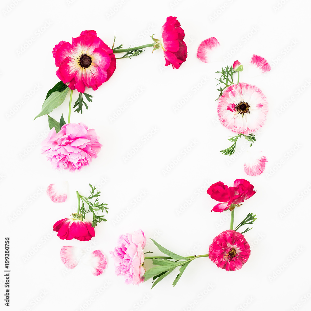 Floral frame of flowers on white background. Flat lay, Top view. Summer composition