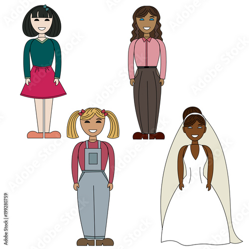 A few girls of different professions in different outfits.