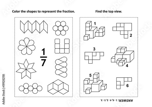 Two visual math puzzles and coloring pages. Color the shapes to represent the fraction. Find the top view. Black and white. Answers included.
