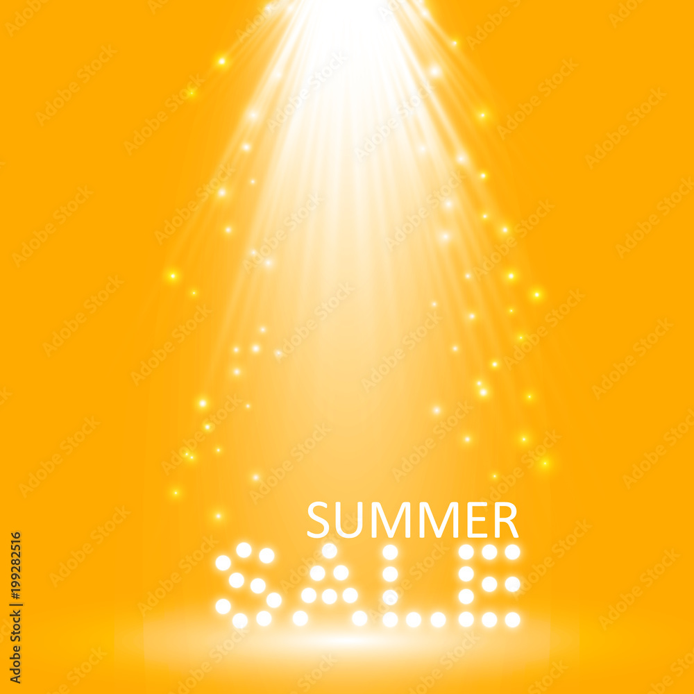 Obraz premium Super summer sale banner with scene and progector on the orange background. Business seasonal shopping concept, vector