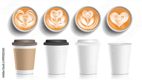 Coffee Cups Art Top View Vector. Plastic, Paper White Empty Fast Food Take Out Coffee Menu Mugs. Various Ocher Paper Cups. Breakfast Beverage. Realistic Isolated Illustration