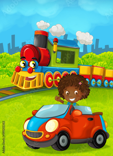Cartoon train scene with happy kid   girl - illustration for the children