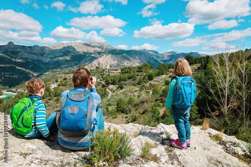 father with son and daughter hiking travel in Guadalest, Spain