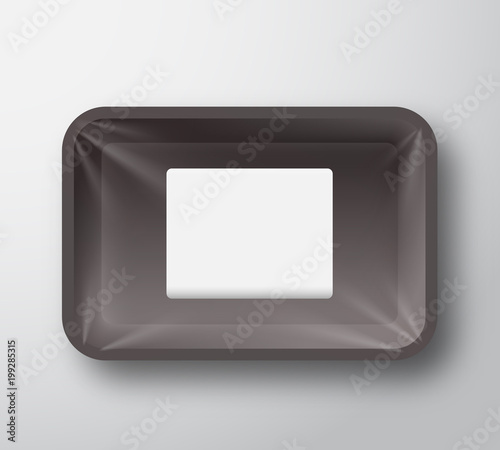 Black Plastic Empty Food Tray Container with Transparent Cellophane Cover and Clear White Rectangle Sticker Label Template in a Center. Realistic Packaging Mock Up.