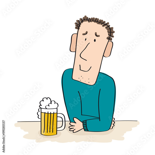 Happy man sitting behind the table in the pub. Mug of beer with foam is standing in front of him. Original hand drawn illustration.