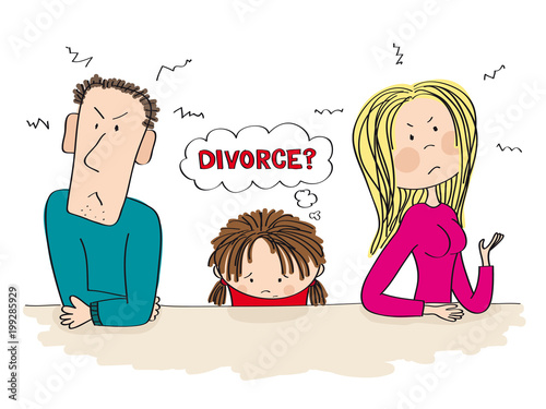Quarreling parents. Their child, little boy, is sitting between them looking sad and thinking about divorce. Original hand drawn illustration of unhappy family.