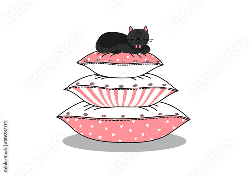 Black cat sleeping on stack of pillows. Cute vector illustration.