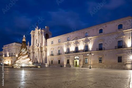The main square Piazza Duomo in Ortygia, Syracuse in the winter festive season