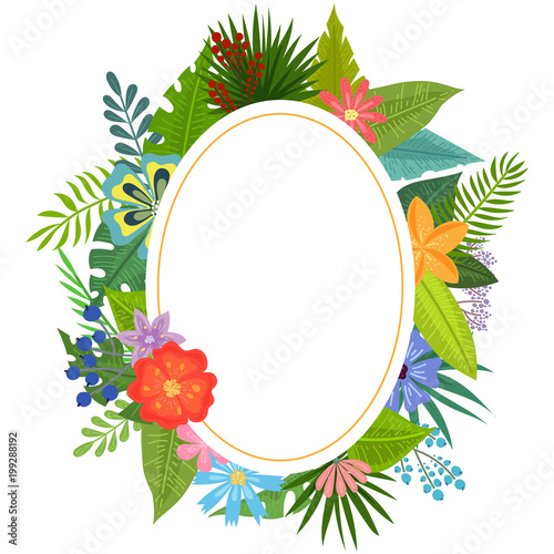 Fototapeta Naklejka Na Ścianę i Meble -  Badge with tropical flowers and leaves doodle style, design for postcard and invitation. Vector