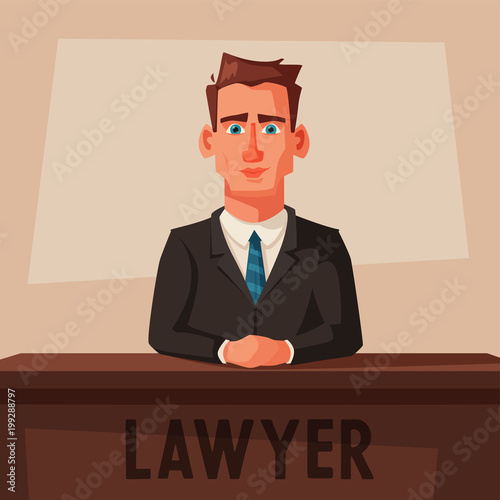 Serious lawyer sits by the table in courthouse. Cartoon vector illustration. Character design.