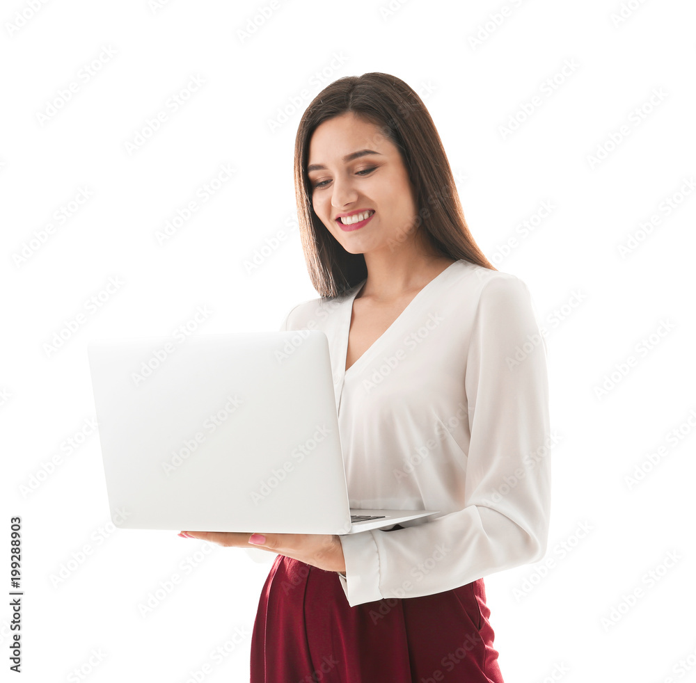 Portrait of female teacher with laptop on white background Portrait of female teacher with laptop on white background