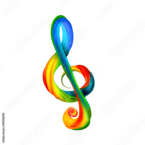 Colorful treble clef in the form of twisted paint on a white background