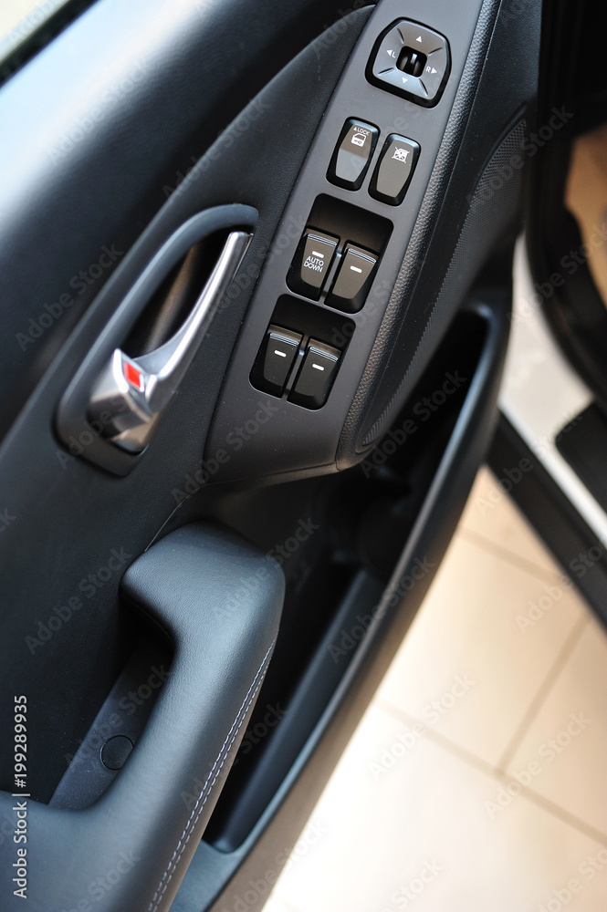 Car door accessories. Vehicle door panel with locks and power window buttons.
