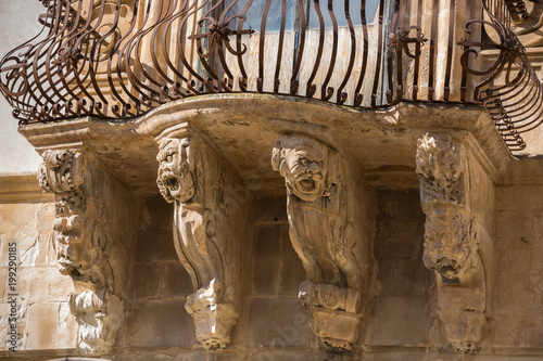 Architectural details of Palazzo Beneventano in Scicli, Sicily, Italy