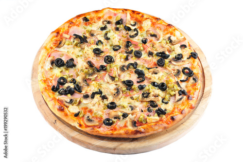 Italian pizza Napoli speciality. Italian delicious pizza Napoli on the wooden support isolated on the white background.