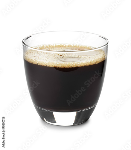 Glass with delicious coffee on white background