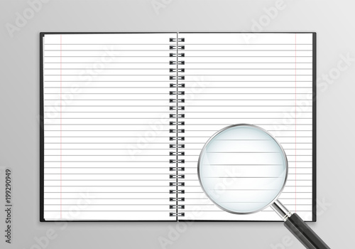 Vector realistic open notebook with magnifying glass isolated on grey background