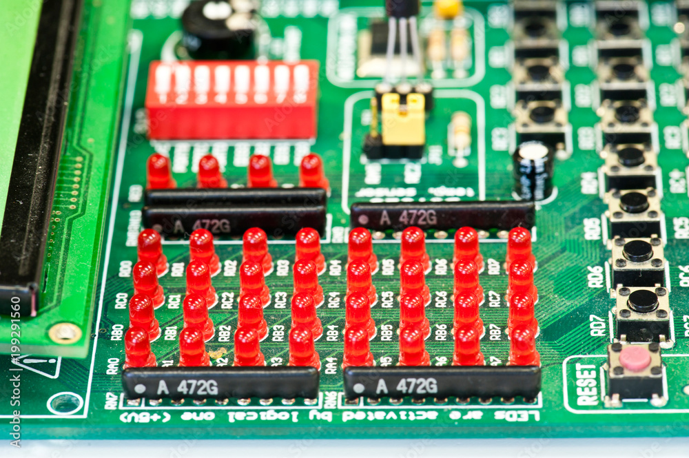 Red leds on the circuit board with components. Red leds on the circuit board with components.