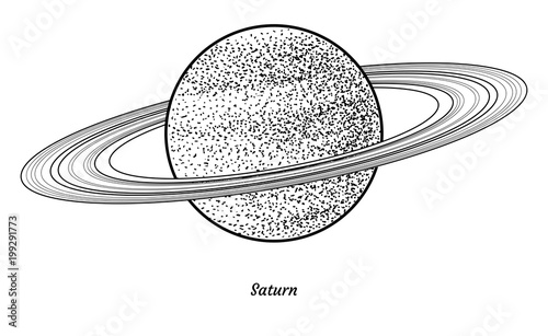 Planet Saturn illustration, drawing, engraving, ink, line art, vector