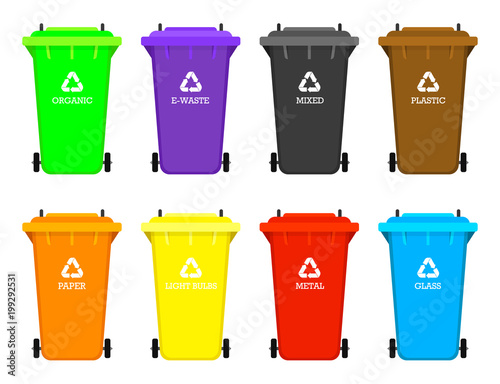 Recycling garbage elements. Bag or containers or cans for different trashes. Sorting and Utilize food waste. Ecology symbol. Segregation Separation and Industry management concept. disposal refuse bin