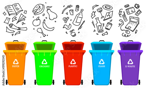 Recycling garbage elements. Bag or containers or cans for different trashes. Sorting and Utilize food waste. Ecology symbol. Segregation Separation and Industry management concept. disposal refuse bin