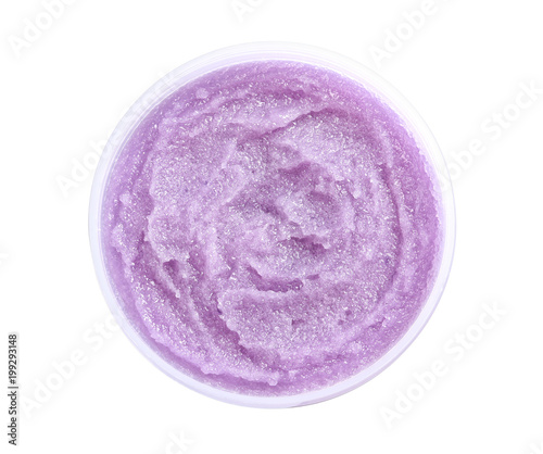 Container with natural scrub on white background