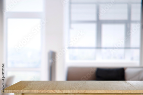Wood board empty table in living room background