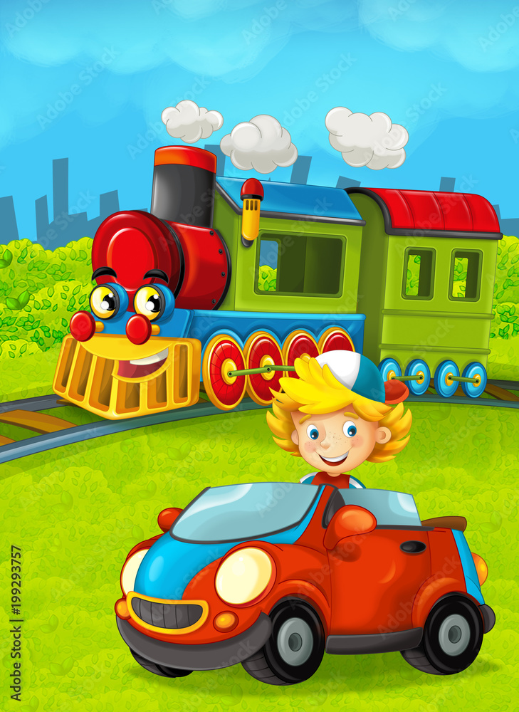 Fototapeta premium Cartoon train scene with happy kid / boy - illustration for the children